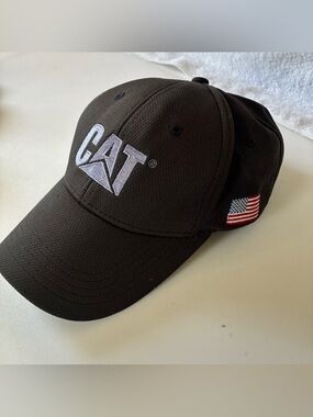 Caterpillar CAT-Equipment Black USA Flag Cap/Hat Adjustable Strap EUC